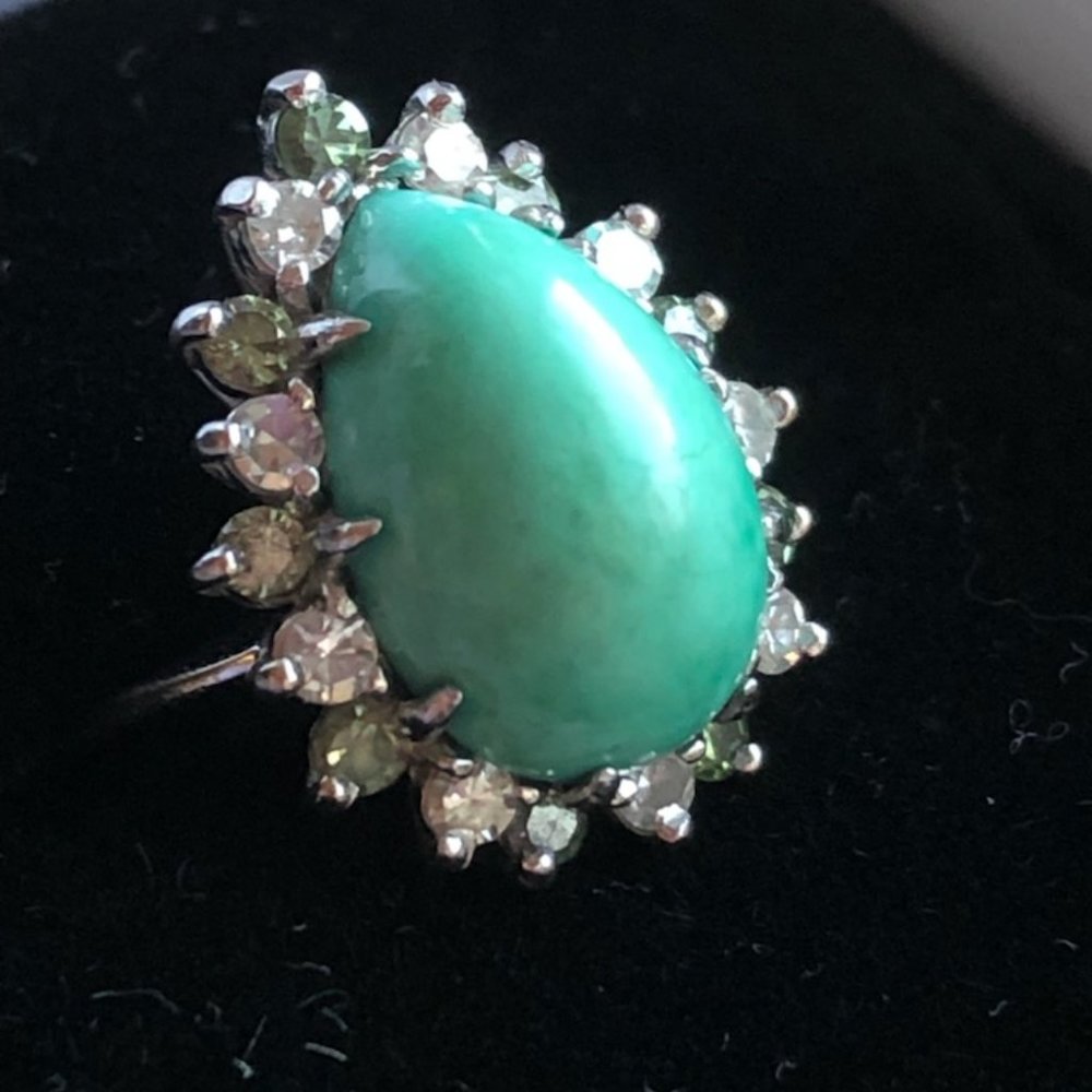 14k White Gold Turquoise and Diamond Vintage Ring